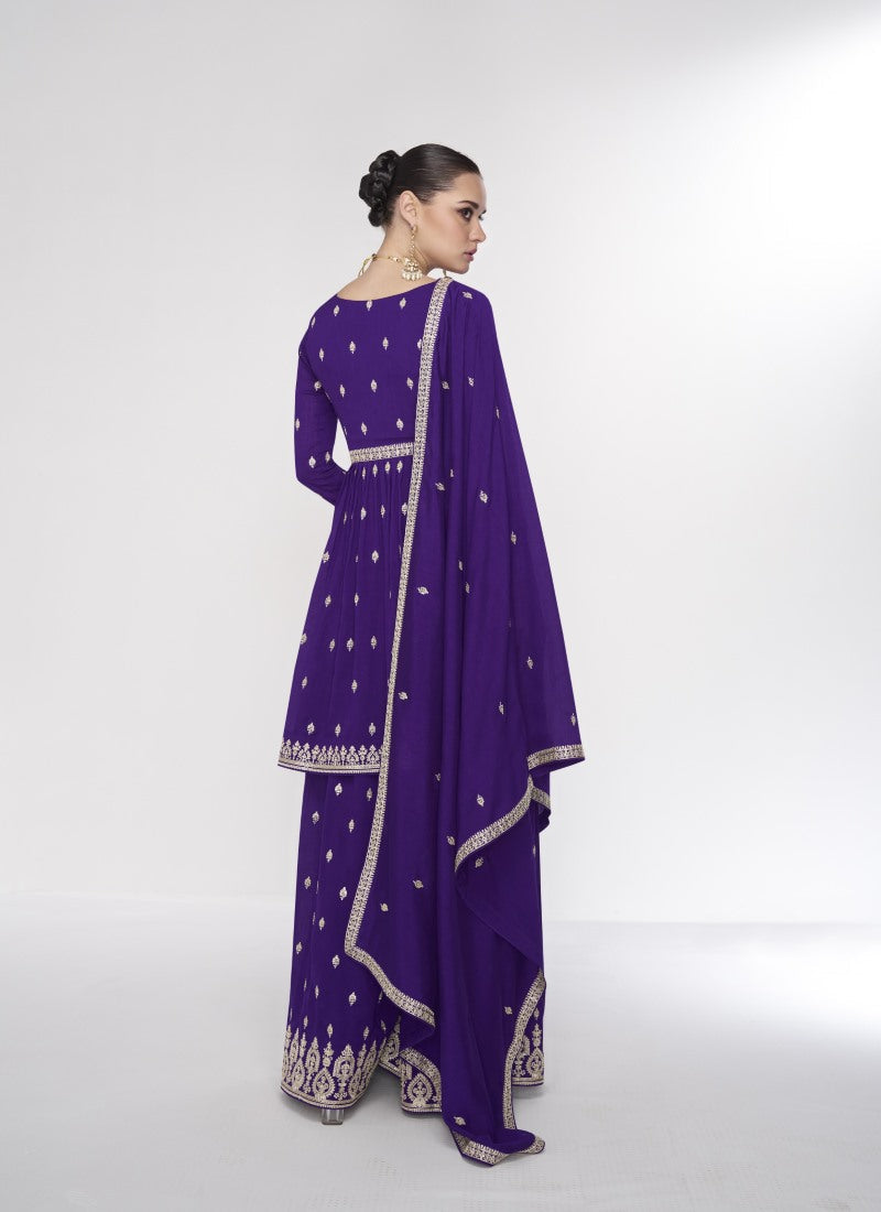 Voilet Wide Palazzo Suit With Embroidery and Sequins Work