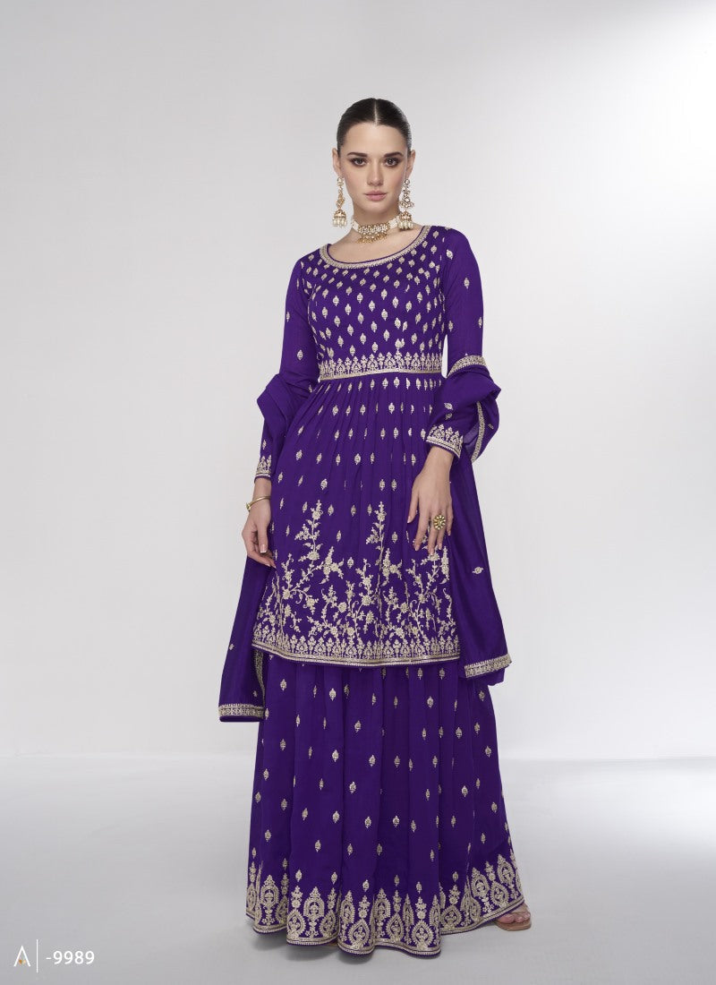 Voilet Wide Palazzo Suit With Embroidery and Sequins Work