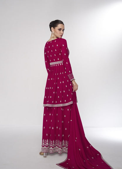 Magenta Wide Palazzo Suit With Embroidery and Sequins Work