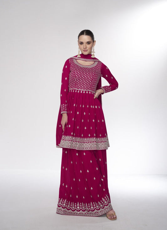 Magenta Wide Palazzo Suit With Embroidery and Sequins Work