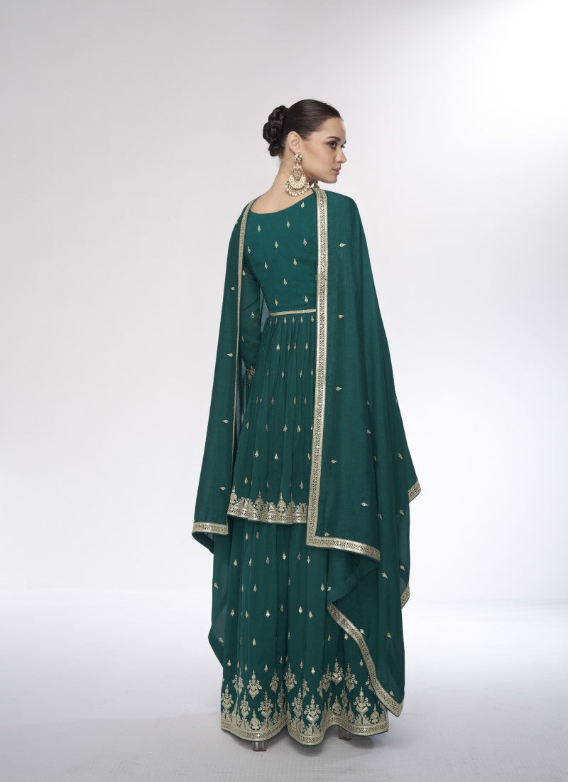 Green Wide Palazzo Suit With Embroidery and Sequins Work