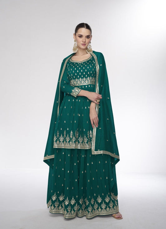 Green Wide Palazzo Suit With Embroidery and Sequins Work