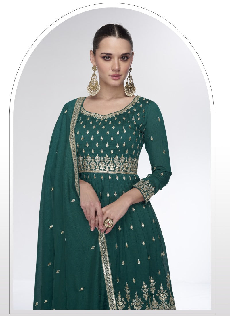 Green Wide Palazzo Suit With Embroidery and Sequins Work