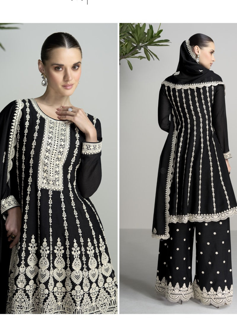 Black Silk Peplum Style Palazzo Suit With Embroidery Work