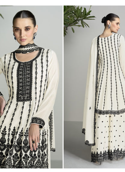 White Silk Peplum Style Palazzo Suit With Embroidery Work