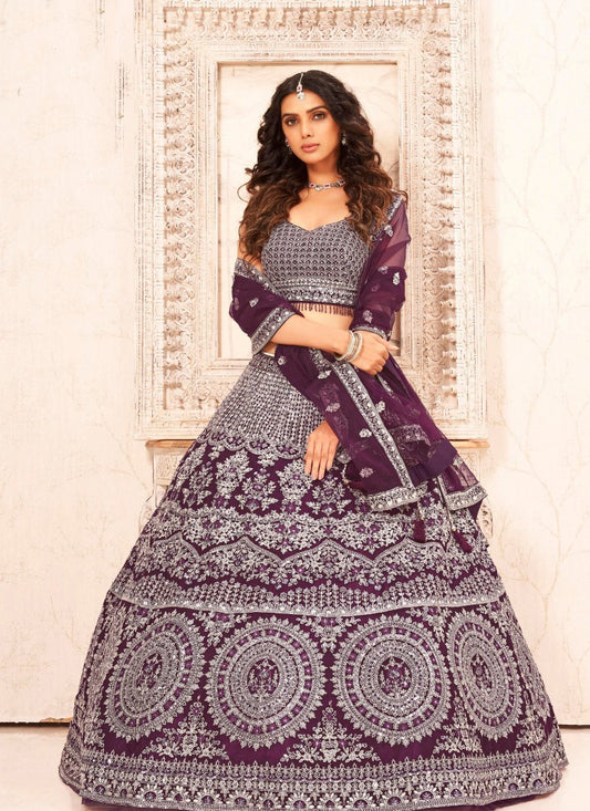 Wine Georgette Embroidered Lehenga Choli