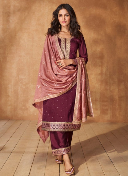 Maroon Silk Straight Cut Salwar Suit