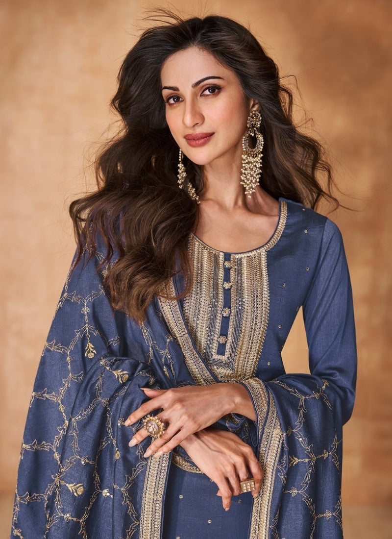 Blue Silk Straight Cut Salwar Suit