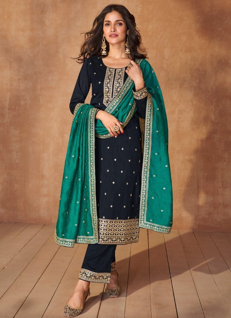 Navy Blue Silk Straight Cut Salwar Suit