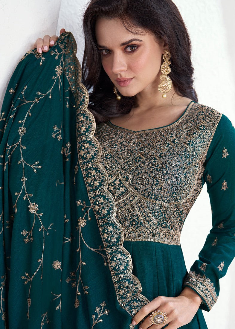 Teal Blue Silk Anarkali Dress With Embroidery Work