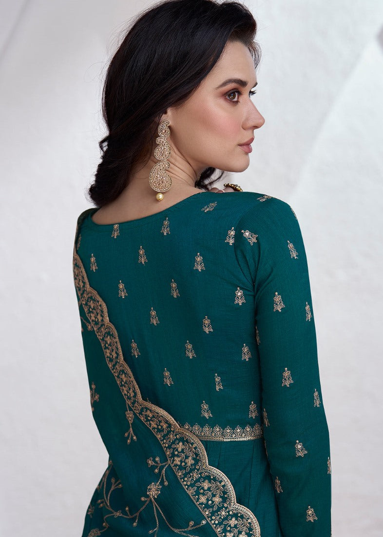 Teal Blue Silk Anarkali Dress With Embroidery Work