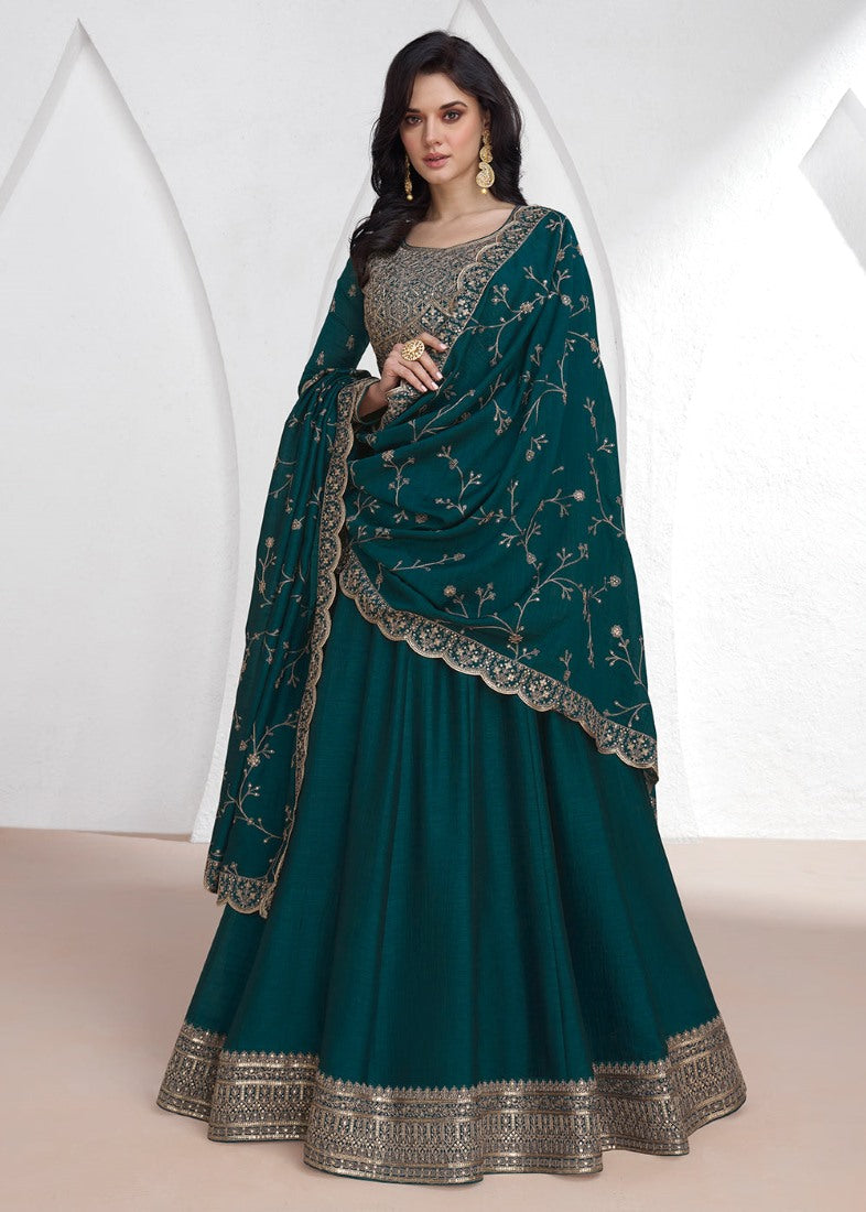 Teal Blue Silk Anarkali Dress With Embroidery Work