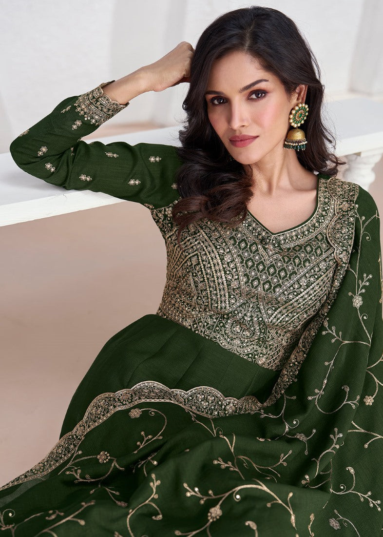 Green Silk Anarkali Dress With Embroidery Work