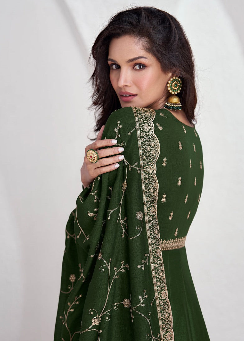 Green Silk Anarkali Dress With Embroidery Work