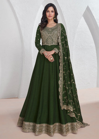 Green Silk Anarkali Dress With Embroidery Work