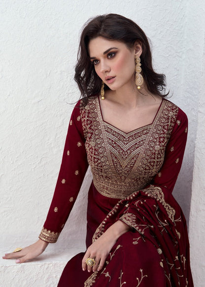 Maroon Silk Anarkali Dress With Embroidery Work