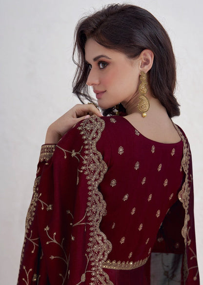 Maroon Silk Anarkali Dress With Embroidery Work