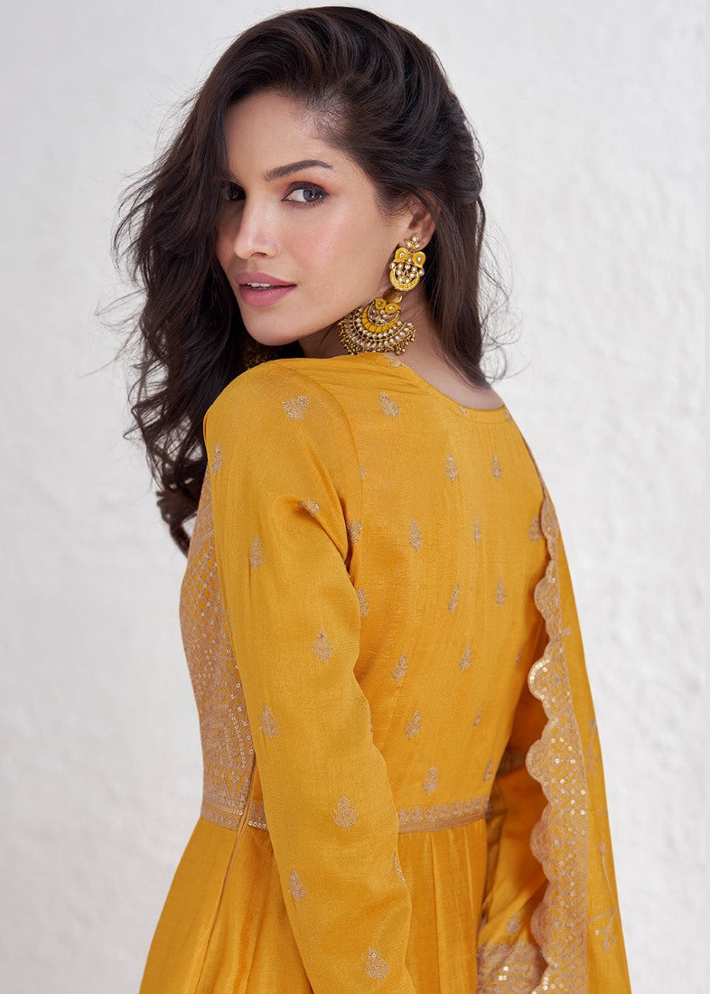 Yellow Silk Anarkali Dress With Embroidery Work