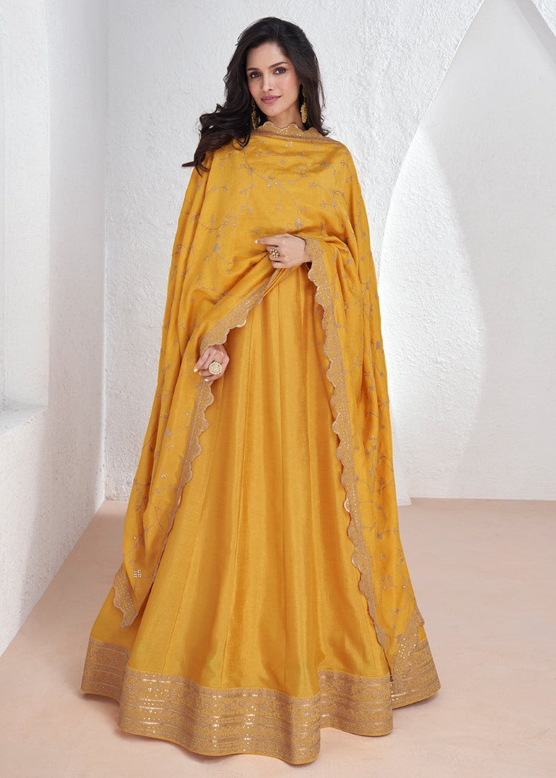 Yellow Silk Anarkali Dress With Embroidery Work