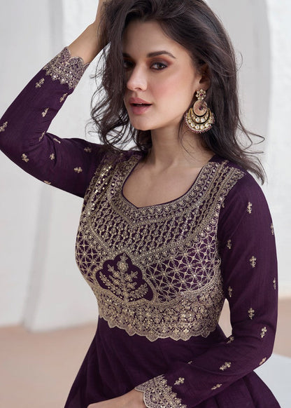 Purple Silk Anarkali Dress With Embroidery Work