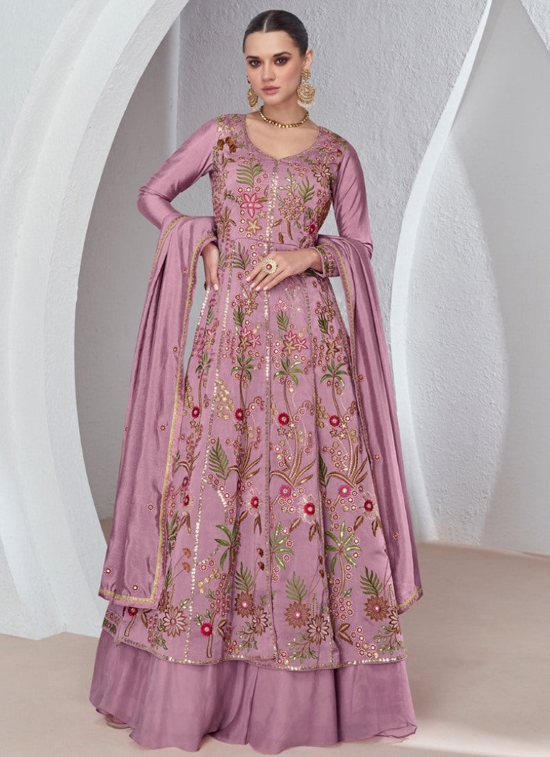 Pink Georgette Anarkali Suit with Embroidered Work