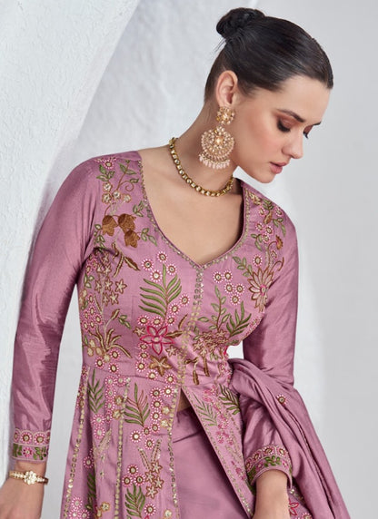 Pink Georgette Anarkali Suit with Embroidered Work