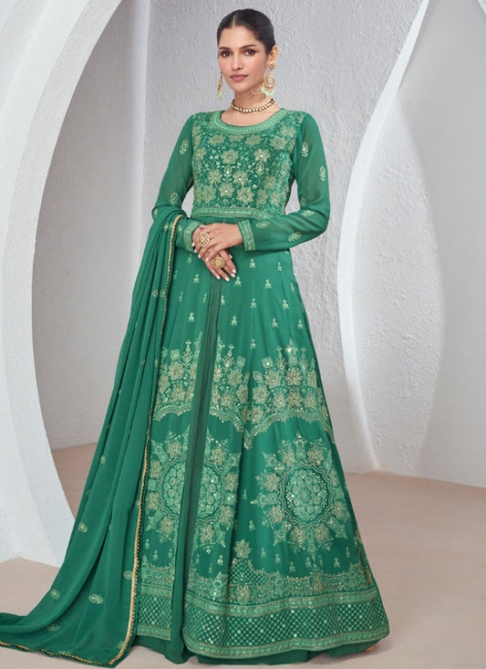 Green Georgette Anarkali Suit with Embroidered Work