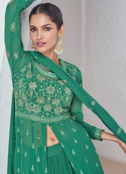 Green Georgette Anarkali Suit with Embroidered Work