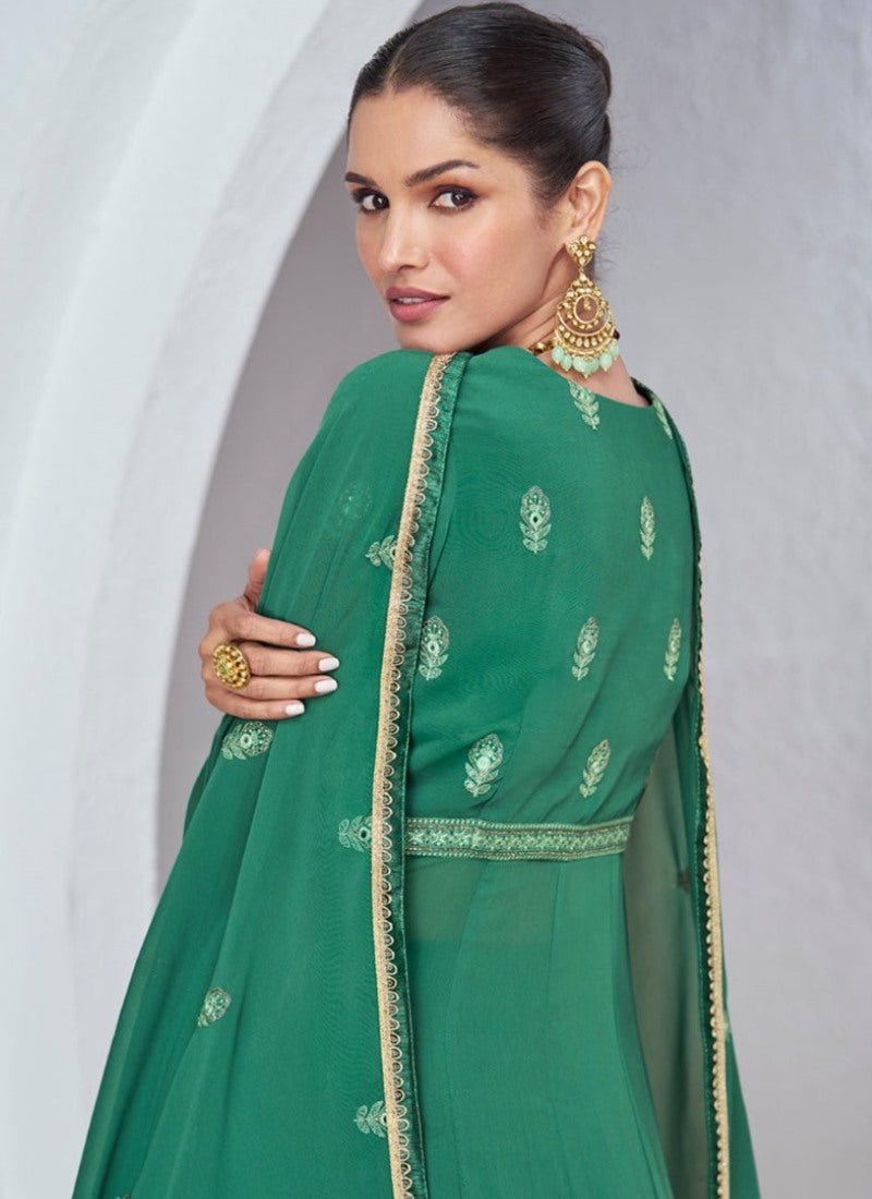 Green Georgette Anarkali Suit with Embroidered Work