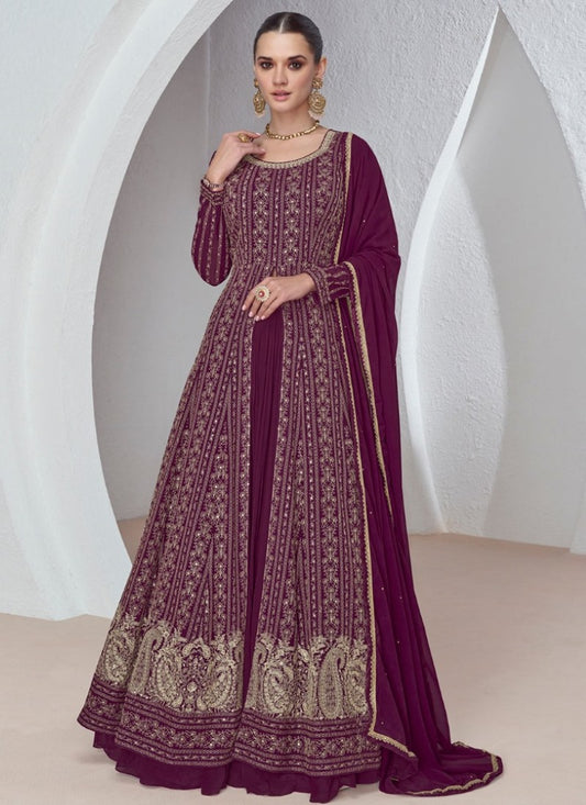 Wine Georgette Anarkali Suit with Embroidered Work