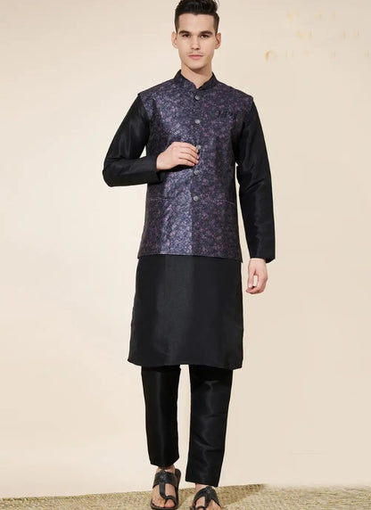 Black Silk Kurta Pajama With Koti