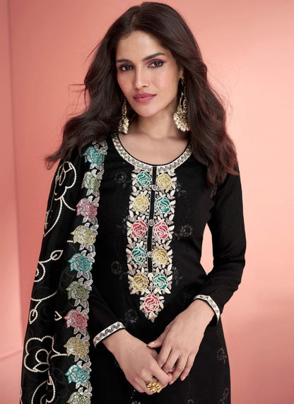 Black Silk Straight Cut Salwar Suit With Embroidery Work