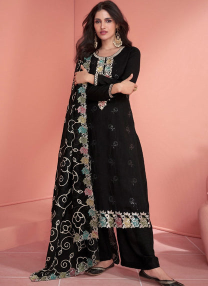 Black Silk Straight Cut Salwar Suit With Embroidery Work