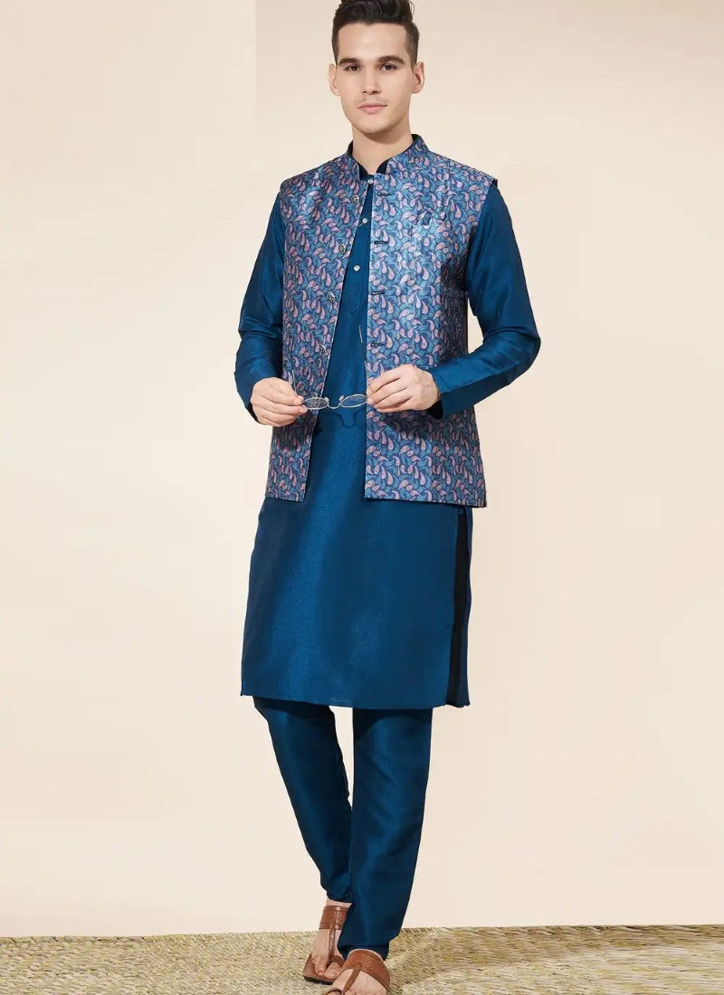 Teal Blue Silk Kurta Pajama With Koti