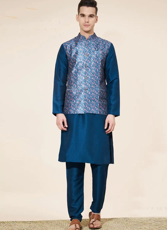 Teal Blue Silk Kurta Pajama With Koti