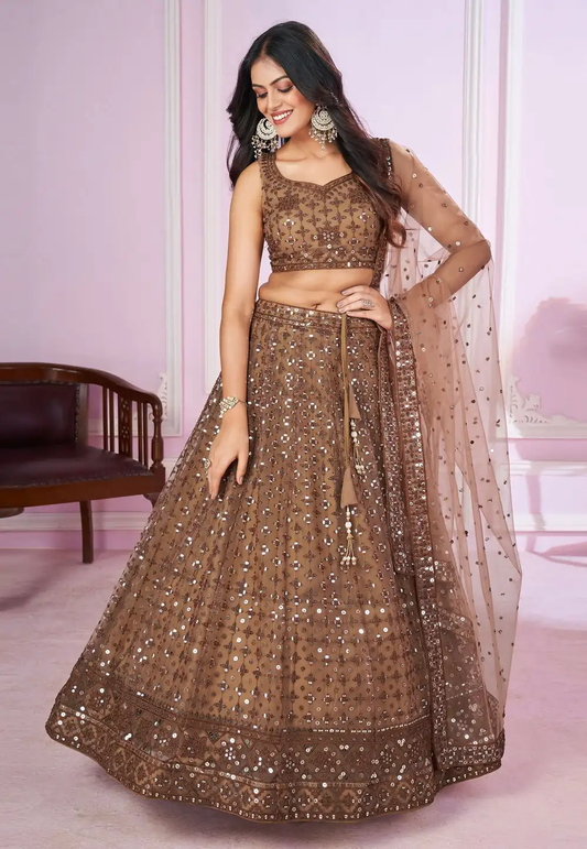 Brown Designer Lehenga Choli With Embroidery, Zari Work and Sequins Work