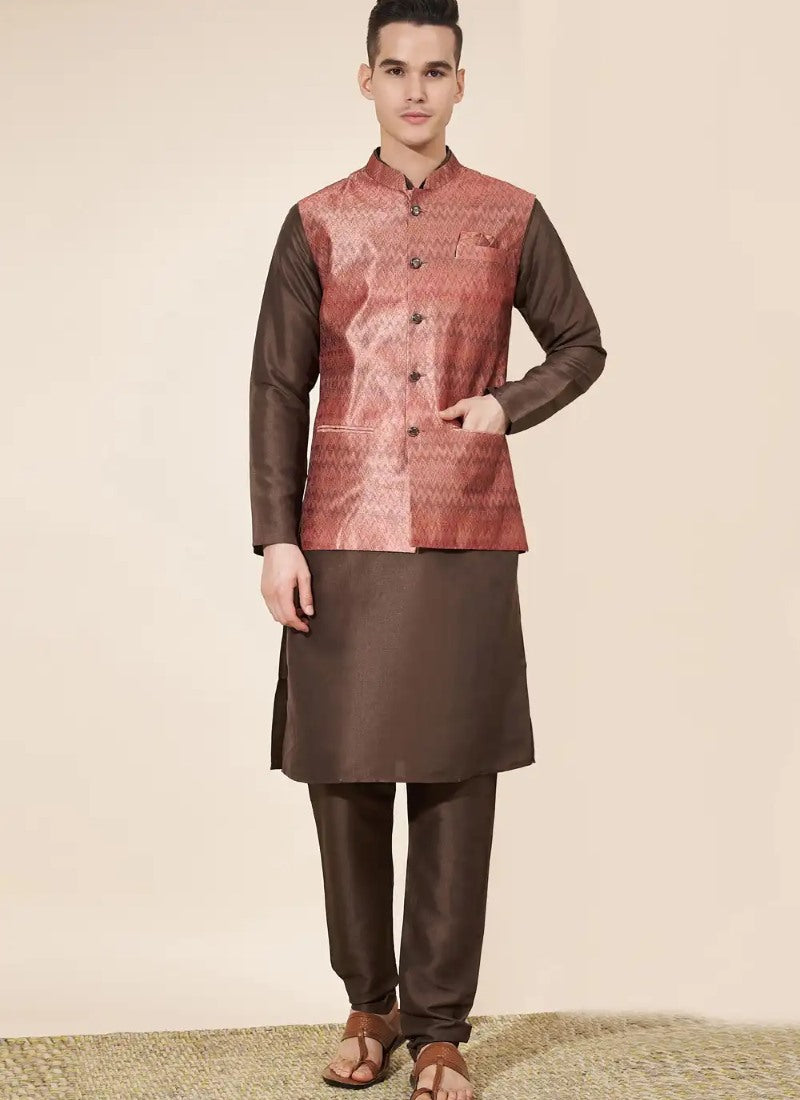 Brown Silk Kurta Pajama With Koti