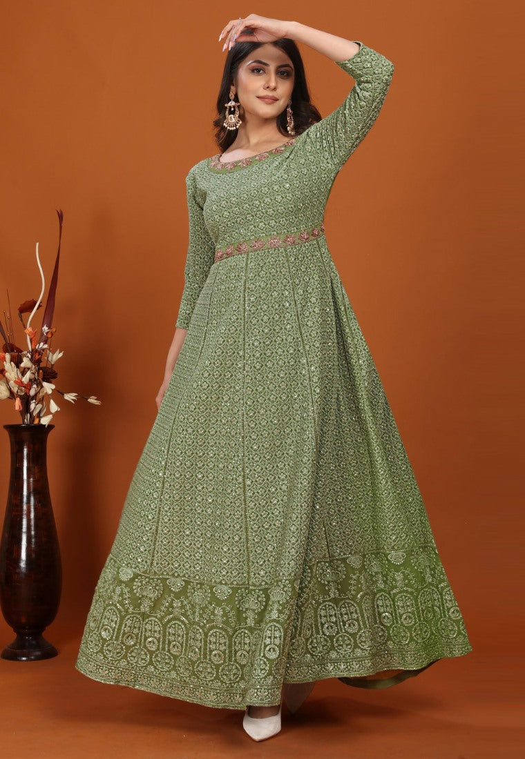 Green Georgette Anarkali Suit with Heavy Embroidered Work