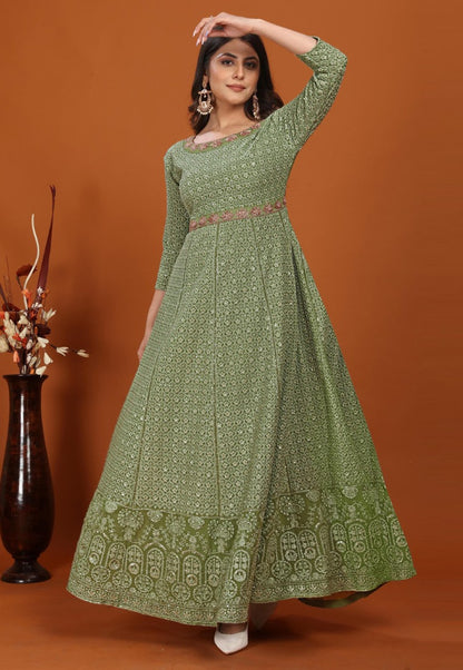 Green Georgette Anarkali Suit with Heavy Embroidered Work