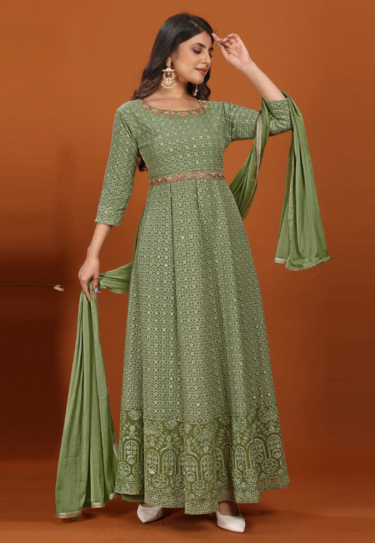 Green Georgette Anarkali Suit with Heavy Embroidered Work