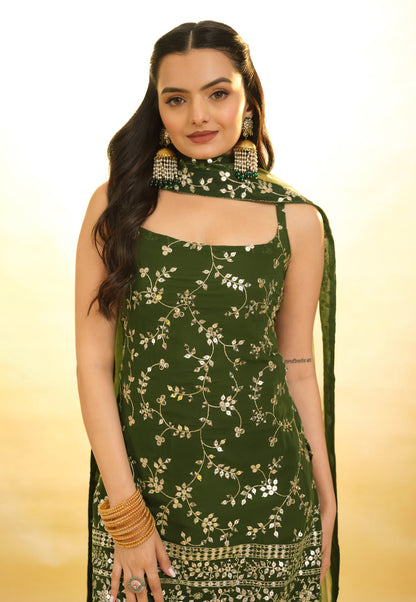 Green Georgette Sharara Suit With Thread and Embroidery Work