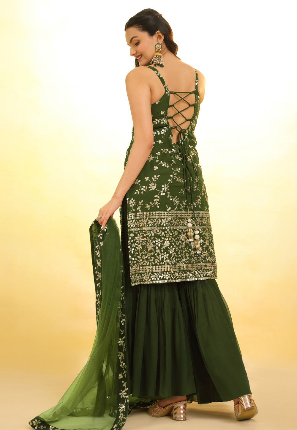 Green Georgette Sharara Suit With Thread and Embroidery Work