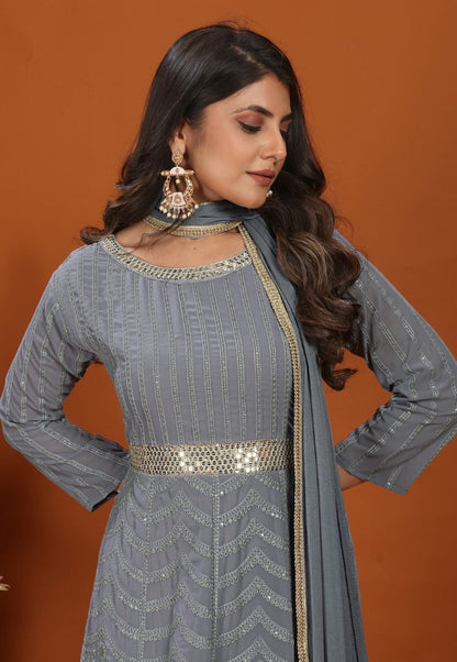 Gray Georgette Anarkali Suit with Heavy Embroidered Work