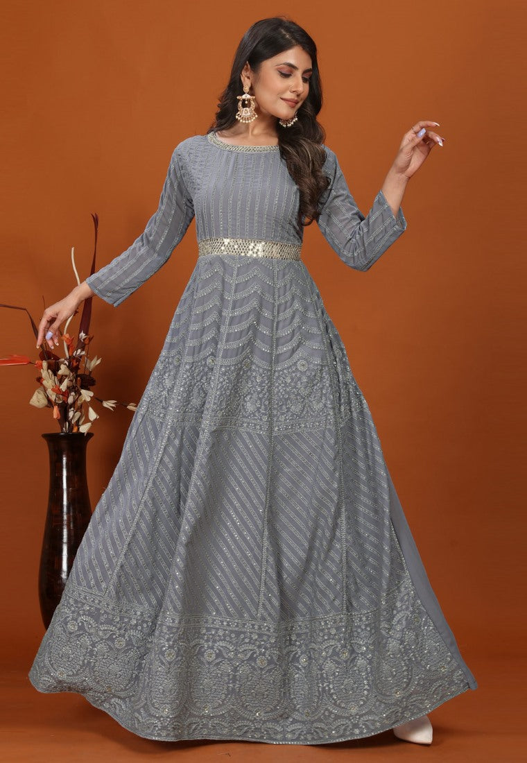 Gray Georgette Anarkali Suit with Heavy Embroidered Work