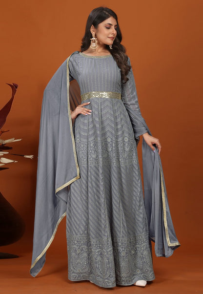 Gray Georgette Anarkali Suit with Heavy Embroidered Work