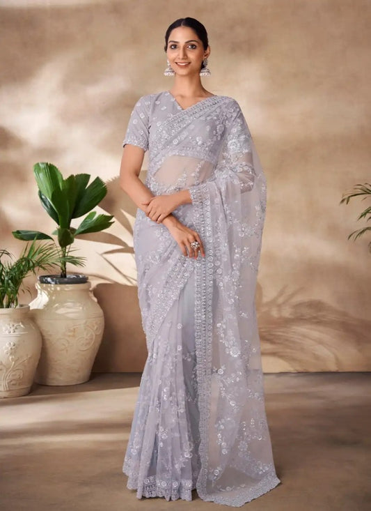 Gray Net Party Wear Saree With Sequins, Thread and Zari Work