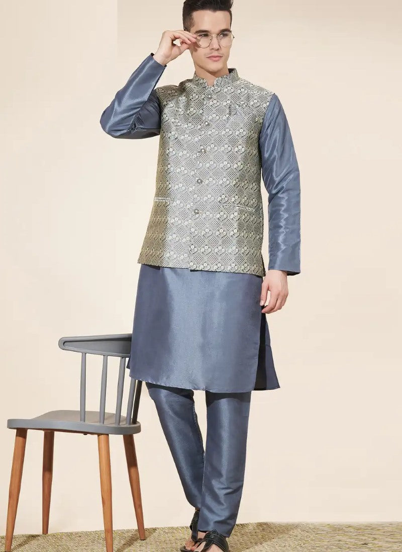 Blue Silk Kurta Pajama With Koti