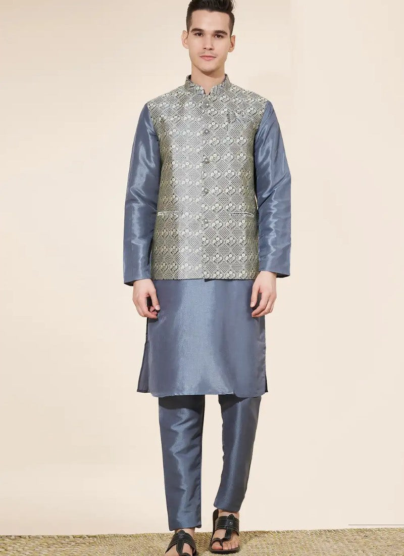 Blue Silk Kurta Pajama With Koti