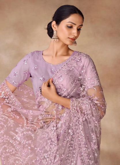 Lavender Net Party Wear Saree With Sequins, Thread and Zari Work