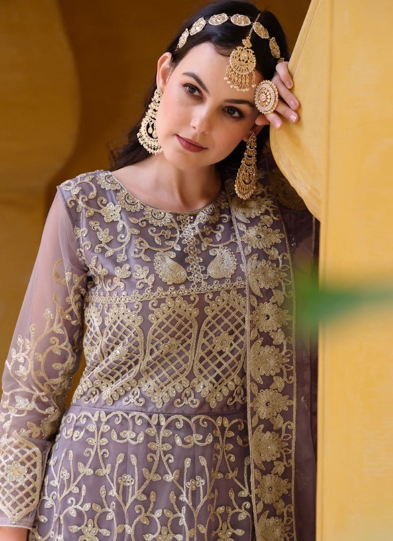 Light Purple Net Long Anarkali Suit With Embroidery Work